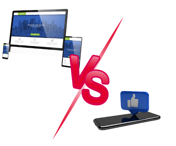 Website versus Facebook page image. Website displayed on many devices. Facebook "like" logo above a smartphone.